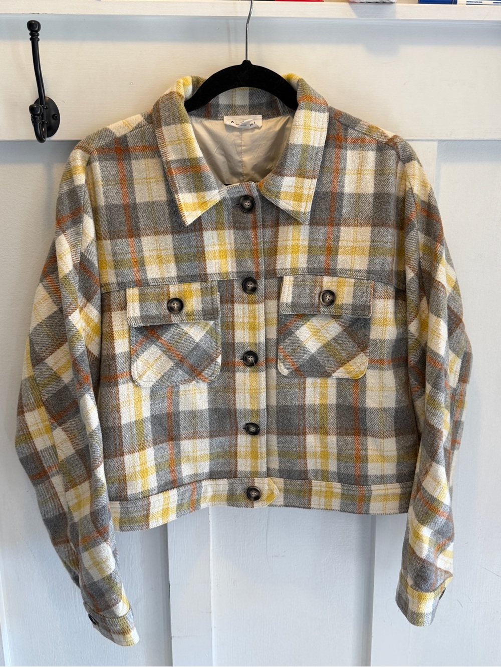&merci cropped Plaid Button-Front Jacket in Yellow & Gray size M